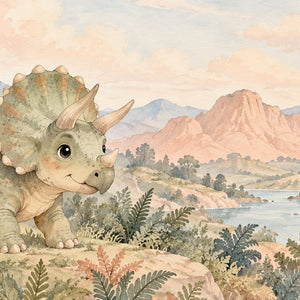 Baby Triceratops Dinosaur kids rug, close up of the watercolor artwork