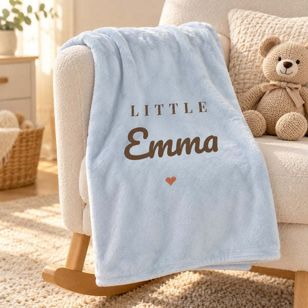 Little Name minky baby blanket in sky, styled photo 1