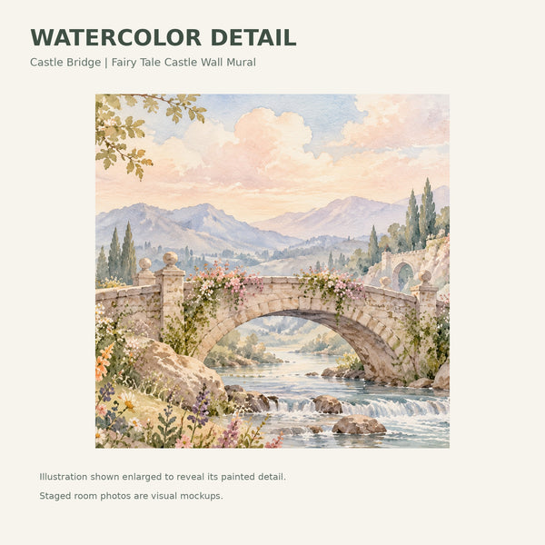 Watercolor Castle Bridge Fairy Tale Wall Mural, image 4