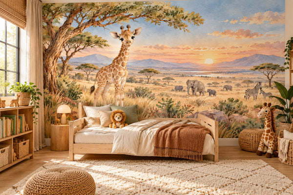 Watercolor Baby Giraffe Safari Wall Mural, image 2