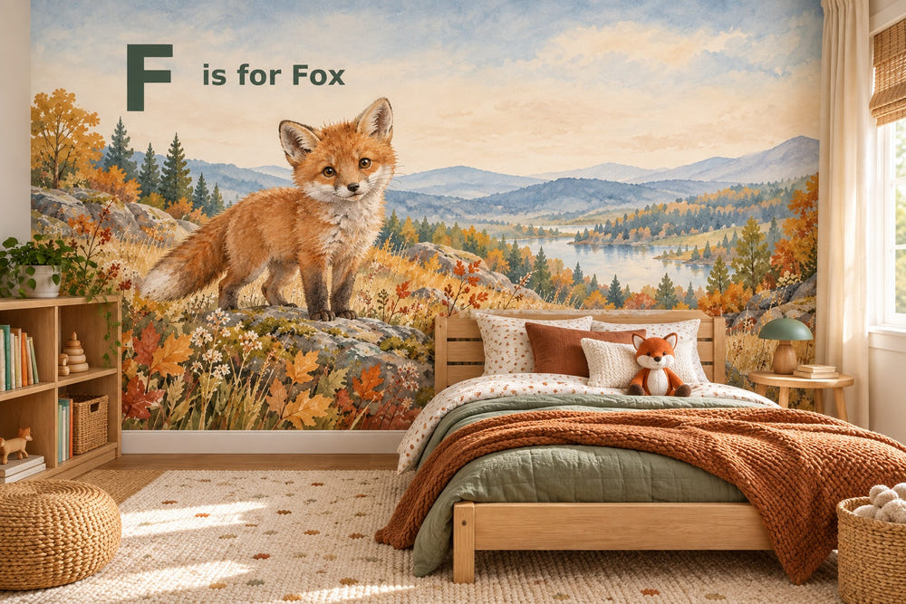 Watercolor F is for Fox Alphabet Wall Mural, image 1