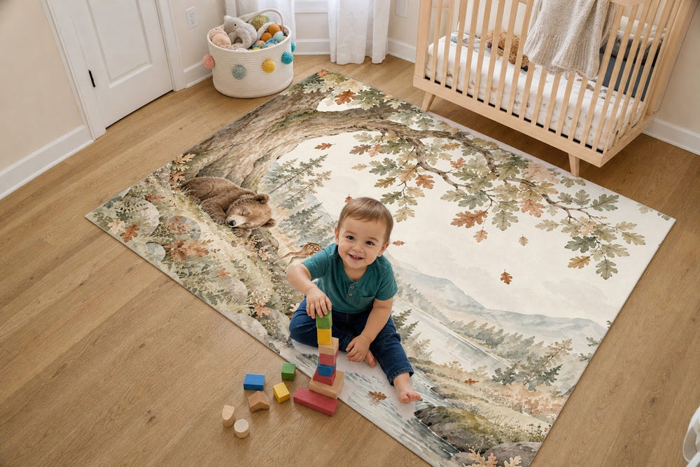 Sleeping Bear Oak kids rug, full view of the printed design