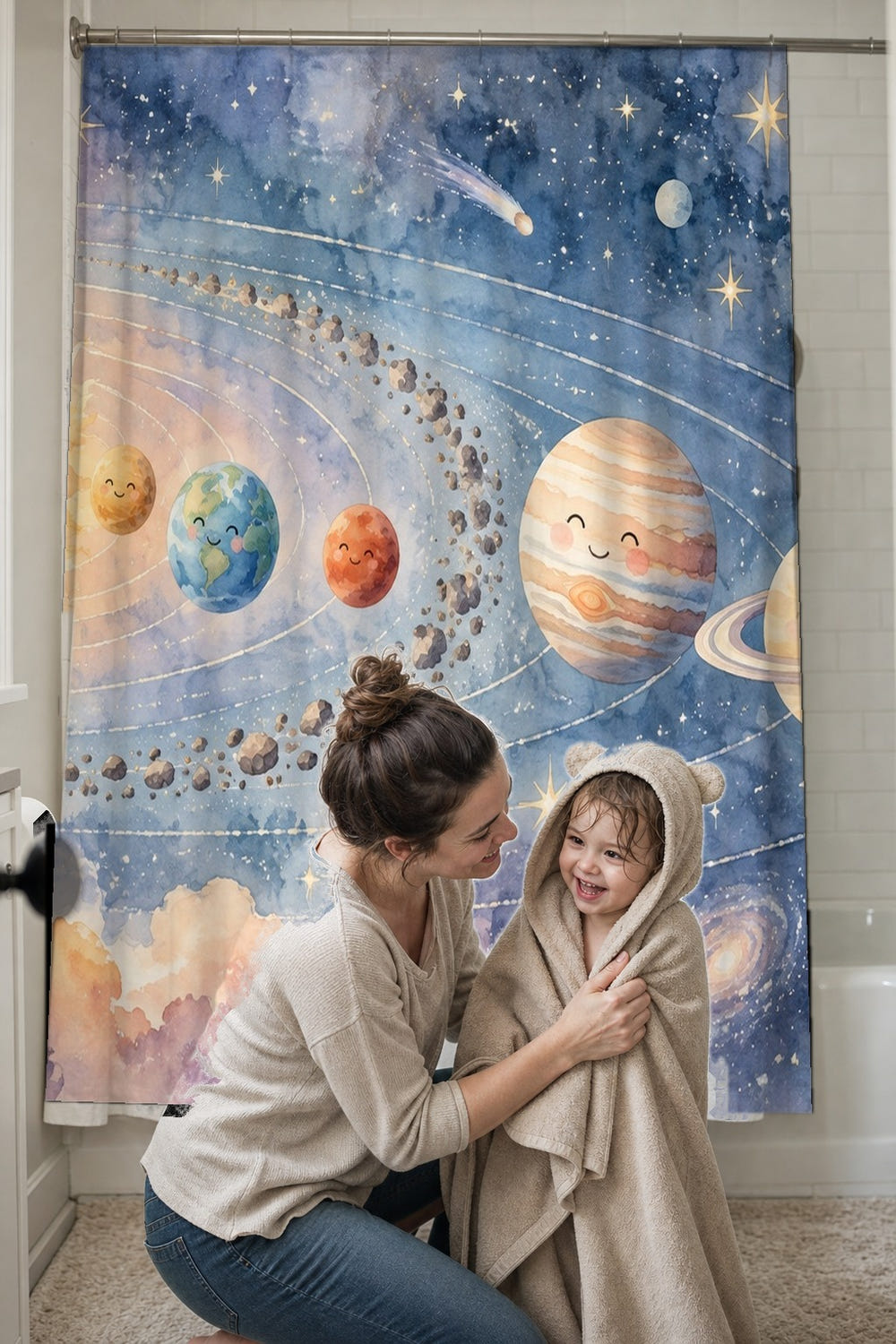Pastel Planets shower curtain, full front view of the 71 x 74 in fabric curtain