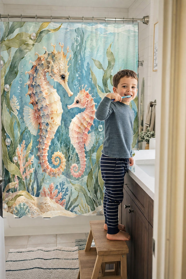 Child brushing teeth in a family bathroom with the Seahorse Pair Ocean shower curtain