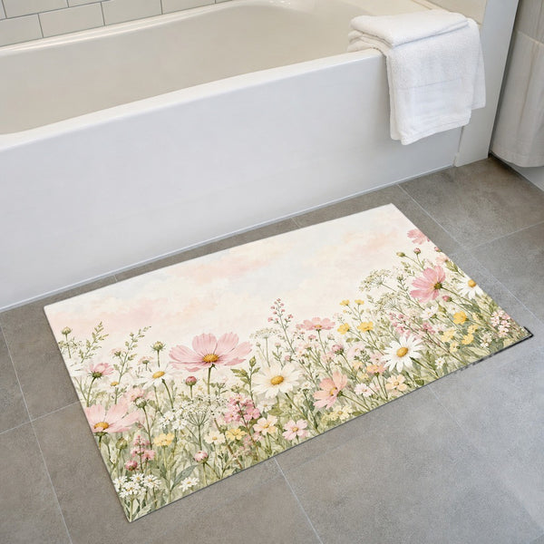 Cosmos and Daisy Meadow bath mat on the floor in front of the tub