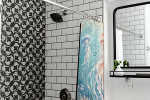 Jellyfish Garden Ocean shower curtain in a modern farmhouse bathroom with subway tile