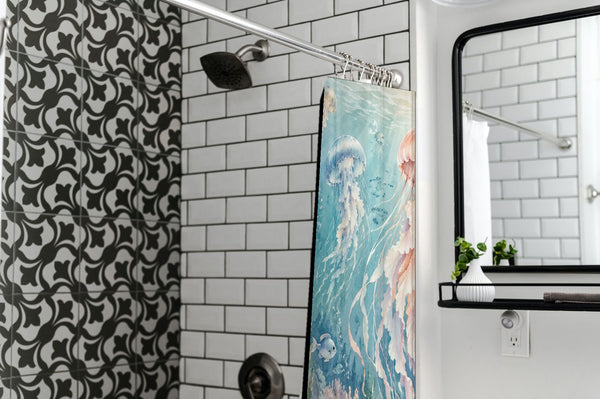 Jellyfish Garden Ocean shower curtain in a modern farmhouse bathroom with subway tile