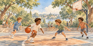Watercolor Kids Playing Basketball Wall Mural, image 3