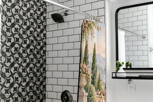 Castle Garden Fairy Tale shower curtain in a modern farmhouse bathroom with subway tile