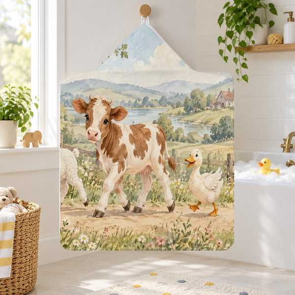 Farm Parade kids hooded bath towel hanging in a kids bathroom