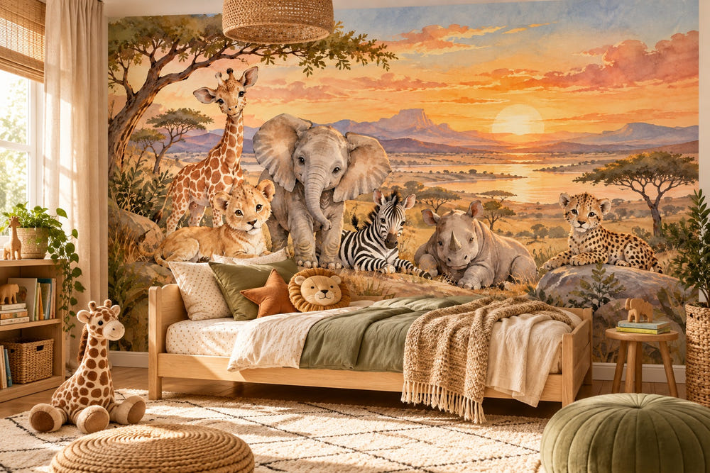Watercolor Sunset Savanna Wall Mural, image 1