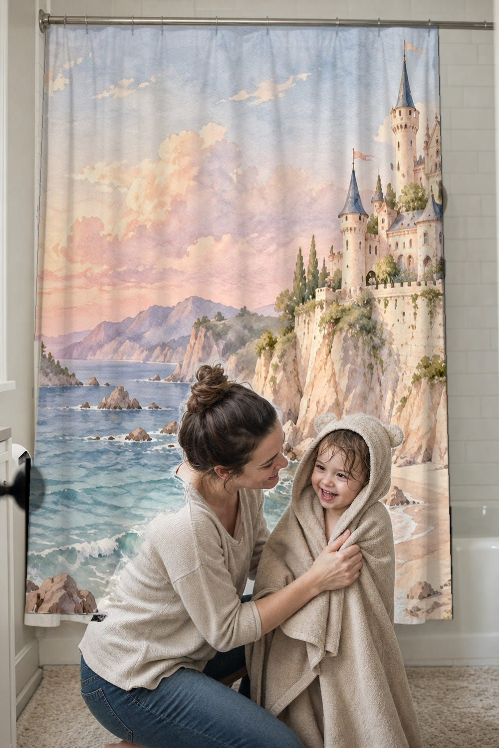 Seaside Castle Fairy Tale shower curtain, full front view of the 71 x 74 in fabric curtain