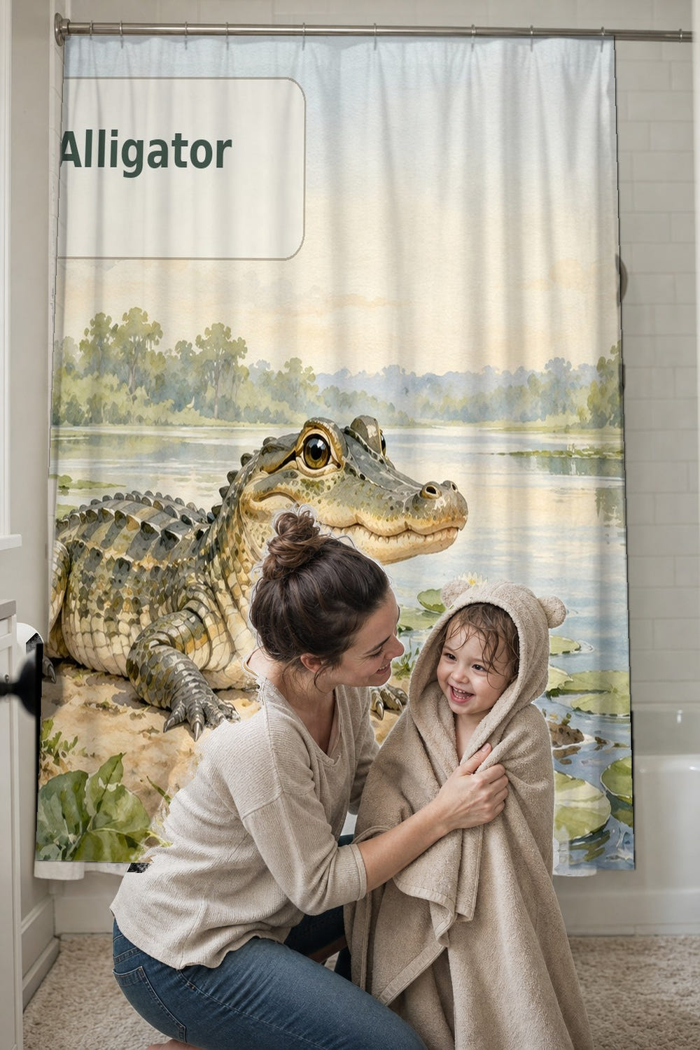 A is for Alligator Alphabet shower curtain, full front view of the 71 x 74 in fabric curtain