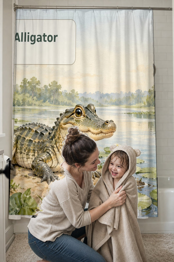 Mom drying her toddler in a hooded towel in front of the A is for Alligator Alphabet shower curtain