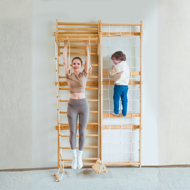 "Neem Swedish Ladder & Rope Wall - 95" height for baby blankets and swaddles, perfect for nursery decor."