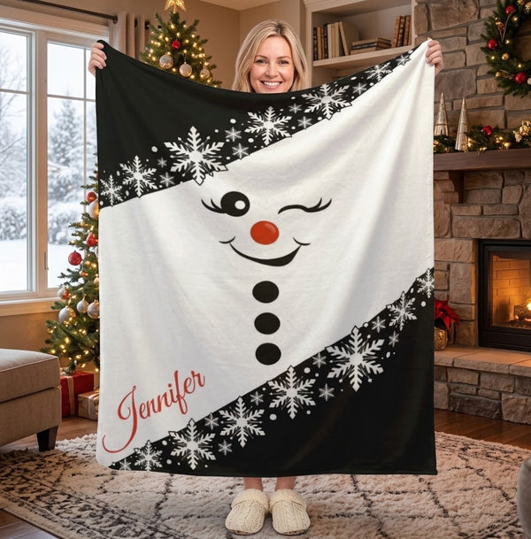 Personalized Snowman Christmas Blanket with Name - Bold Black & White Snowflake Design with Winking Snowman Face