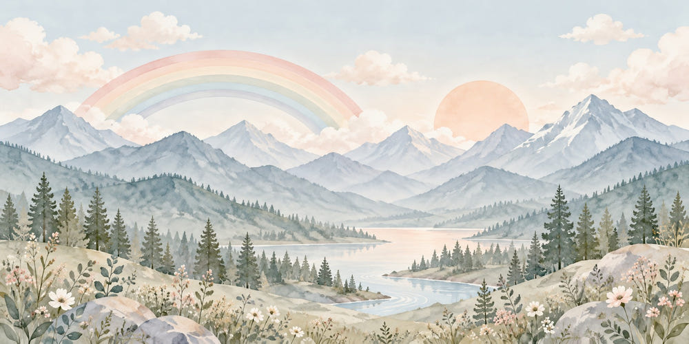 Watercolor Alpine Lake Rainbow Wall Mural, image 1