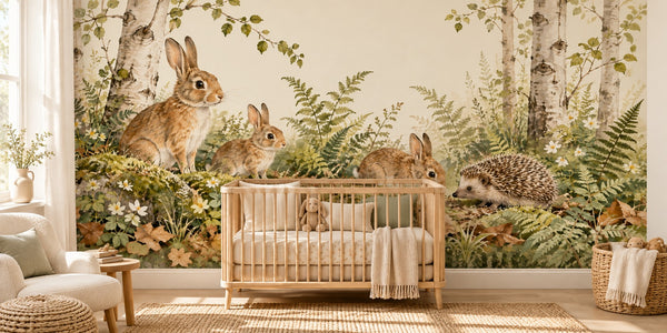 Watercolor Bunny and Hedgehog Wall Mural, image 1