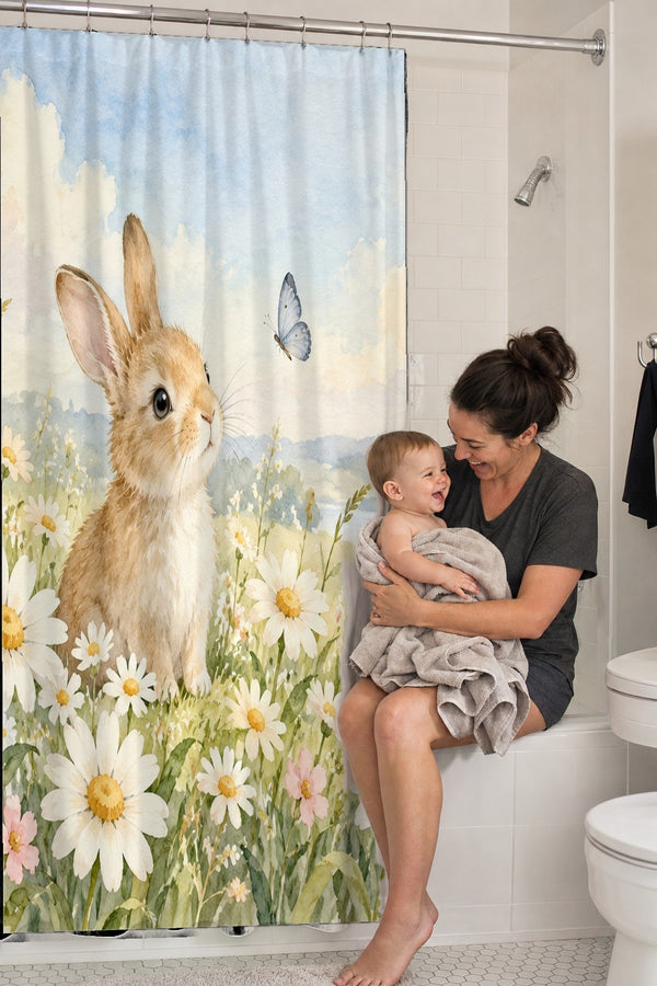 Mom holding her baby on the tub edge next to the Daisy Meadow Bunny shower curtain