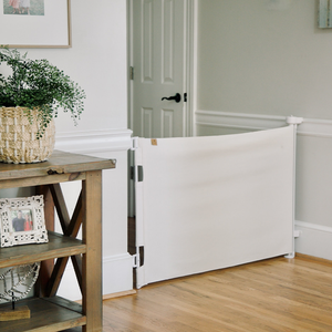 Stylish Crypton® Fabric Baby & Pet Safety Gate, stain-resistant, PFAS-free, fits openings 27.6"-55", 33" tall.