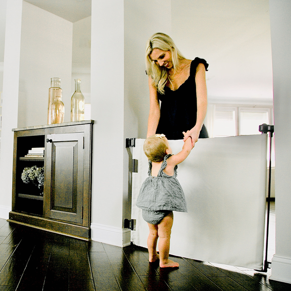 Stylish Crypton® Fabric Baby & Pet Safety Gate, stain-resistant, PFAS-free, fits openings 27.6"-55", 33" tall.