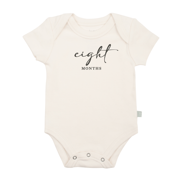 Charcoal graphic bodysuit for eight months milestone, short sleeve design for baby.
