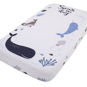 Seas The Day Multi Sea Animals Blue and White 100% Cotton Photo Op Fitted Crib Sheet