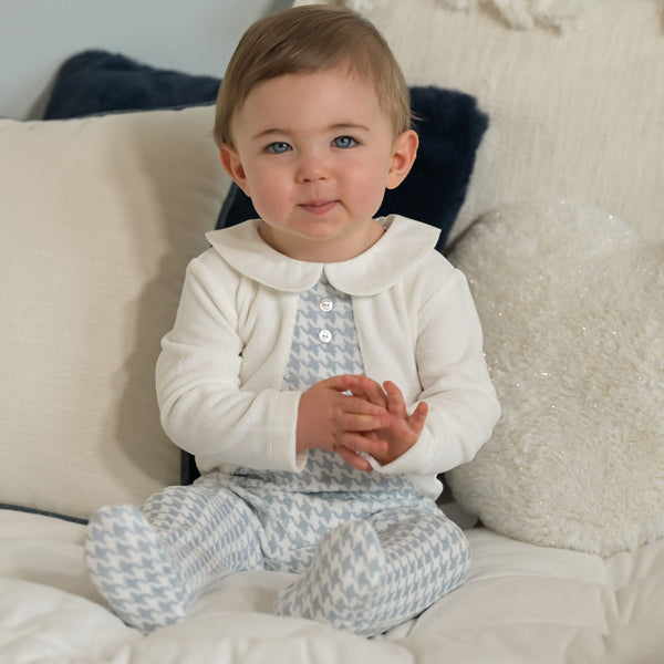 ELEONOR | Ivory & Blue Houndstooth Velour Babygrow