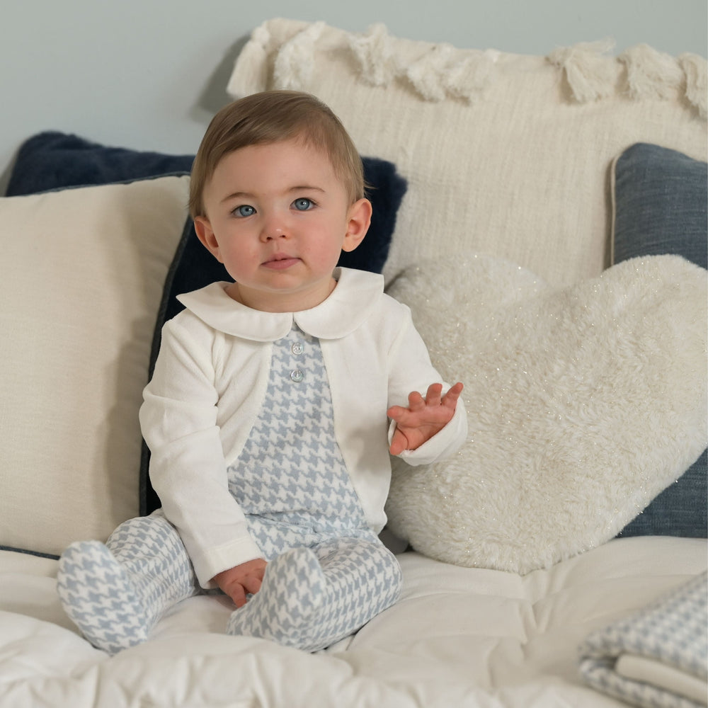 ELEONOR | Ivory & Blue Houndstooth Velour Babygrow