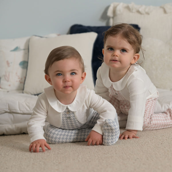 ELEONOR | Ivory & Blue Houndstooth Velour Babygrow