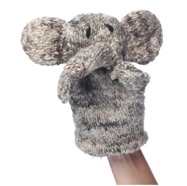 Organic wool knit hand puppet, Elliot the Elephant, perfect for imaginative play and cuddles.
