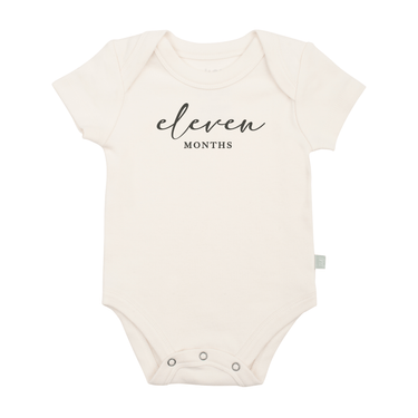 Charcoal short sleeve bodysuit featuring "Eleven Months" milestone graphic for babies.