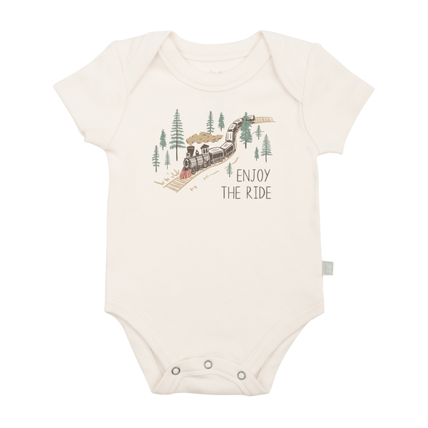 Graphic bodysuit for babies featuring "Enjoy the Ride" design, perfect for short sleeve comfort and style.