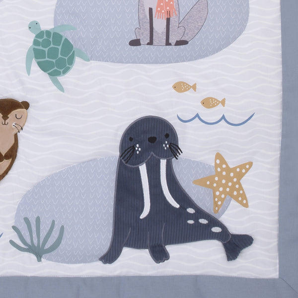 Arctic Adventure Light Blue, White, Taupe and Navy Whales, Walrus, and Otter 4 Piece Nursery Crib Bedding Set - Comforter, 100% Cotton Fitted Crib Sheet, Crib Skirt, and Storage Caddy