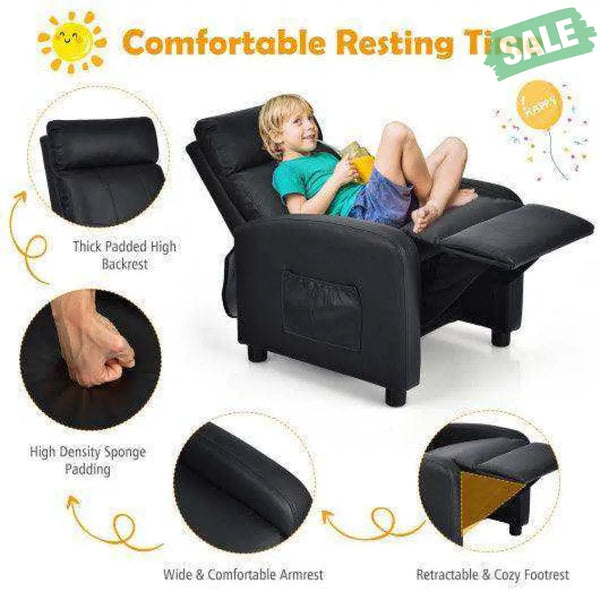 Ergonomic PU Leather Kids Recliner Lounge Sofa for 3-12 Age Group-Black Black Kids Chairs & Seating