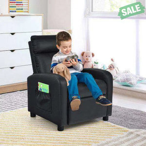 Ergonomic PU Leather Kids Recliner Lounge Sofa for 3-12 Age Group-Black Black Kids Chairs & Seating