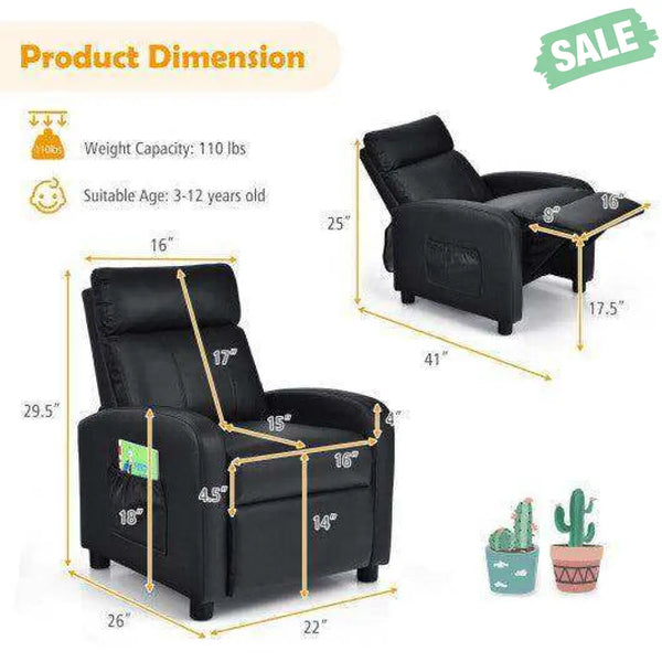 Ergonomic PU Leather Kids Recliner Lounge Sofa for 3-12 Age Group-Black Black Kids Chairs & Seating