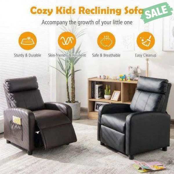 Ergonomic PU Leather Kids Recliner Lounge Sofa for 3-12 Age Group-Black Black Kids Chairs & Seating