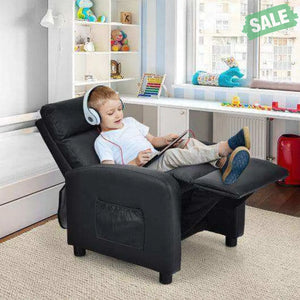 Ergonomic PU Leather Kids Recliner Lounge Sofa for 3-12 Age Group-Black Black Kids Chairs & Seating