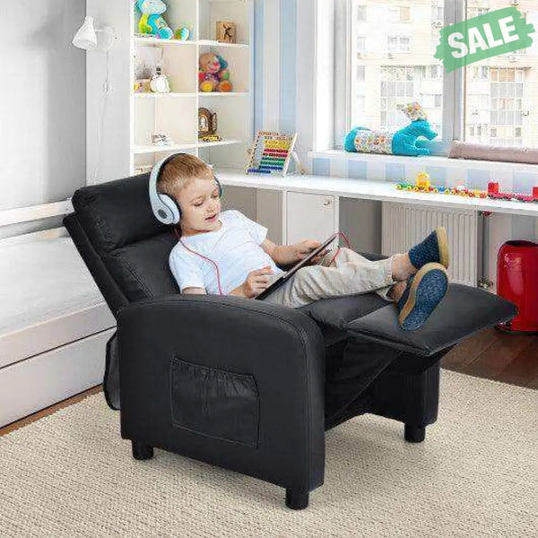 Ergonomic PU Leather Kids Recliner Lounge Sofa for 3-12 Age Group-Black Black Kids Chairs & Seating