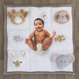 Playful Pals White, Tan, and Gray Four 3D Animals With Crinkle Plush Tummy Time Play Mat - Sloth, Llama, Elephant, and Giraffe