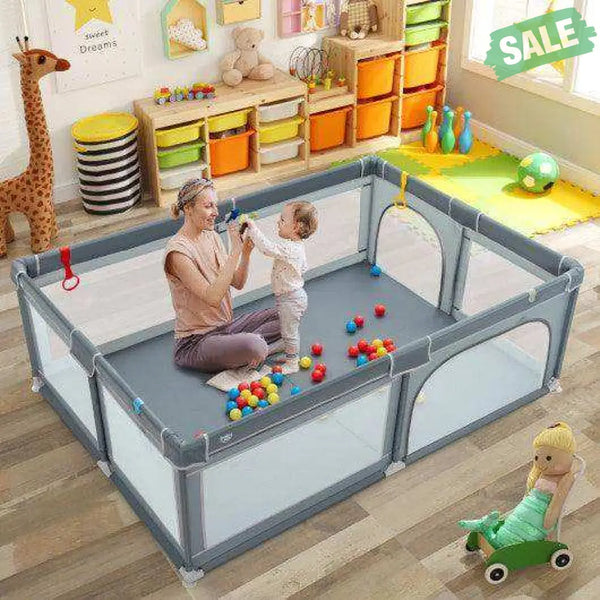 Portable Extra-Large Safety Baby Fence with Ocean Balls and Rings-Gray