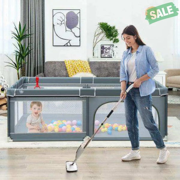 Portable Extra-Large Safety Baby Fence with Ocean Balls and Rings-Gray