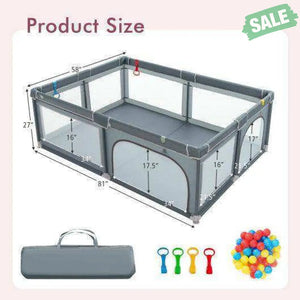 Portable Extra-Large Safety Baby Fence with Ocean Balls and Rings-Gray