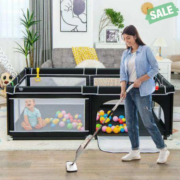 81 x 59 Inch Portable Baby Playpen with Ocean Balls and Handlebars-Black