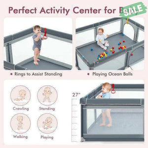 Portable Extra-Large Safety Baby Fence with Ocean Balls and Rings-Gray