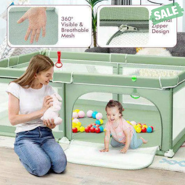 Extra-Large Safety Baby Fence with 50 Ocean Balls-Green