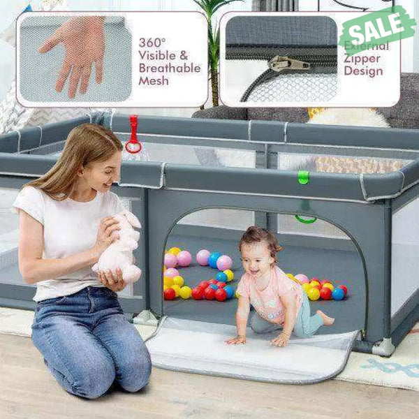 Portable Extra-Large Safety Baby Fence with Ocean Balls and Rings-Gray