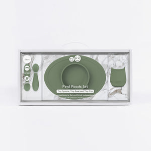 First Foods Set for babies, featuring colorful bowls and utensils, angled view showcasing essential mealtime accessories.