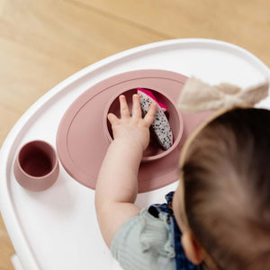 "First Foods Set for babies, featuring colorful bowls and utensils at a 30-degree angle."
